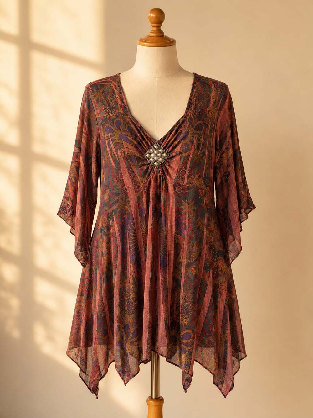 One World XL Boho Tunic Embellished Handkerchief Hem Lagenlook Festival